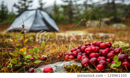 Tent and cranberries in misty forest 129961105