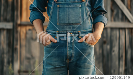 Person in denim overalls with hands in pockets. Person in denim overalls with hands in pockets. 129961149
