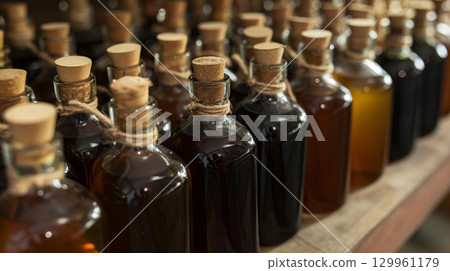 Bottles of artisanal oils on shelves 129961179