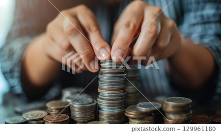 Hands stacking coins in careful balance 129961180