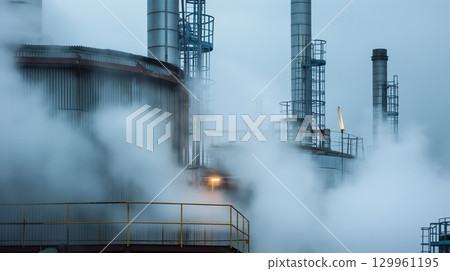 Industrial chimneys emitting steam into sky 129961195