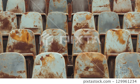 Old rusty chairs in a row, abandoned area. 129961234