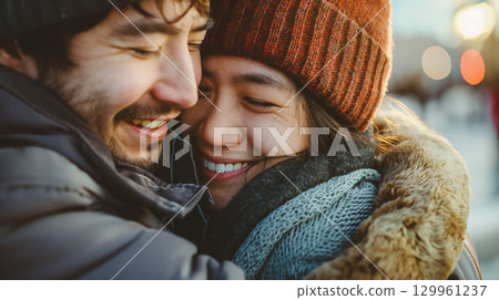 Couple hugging happily in winter clothing. 129961237