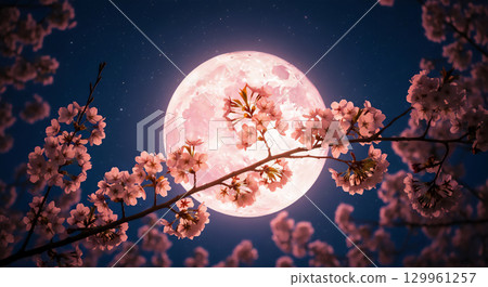 A fantastic night view of the full moon and cherry blossoms (fantasy-style spring night sky) A fantastic night view of the full moon and cherry blossoms (fantasy-style spring night sky) 129961257
