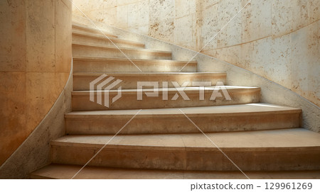 Sunlit concrete stairs in modern architectural design. 129961269