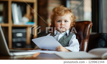 Toddler CEO at desk with papers and laptop. 129961344