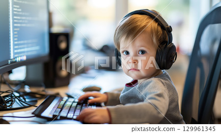 Toddler with headphones as a Software Engineer. 129961345