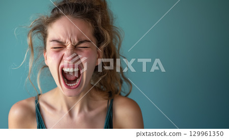 Woman yelling with intense expression. 129961350