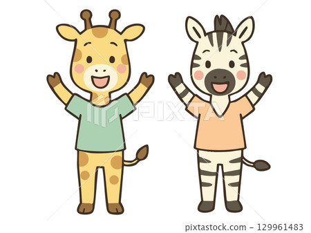 Giraffe and zebra characters cheering 129961483