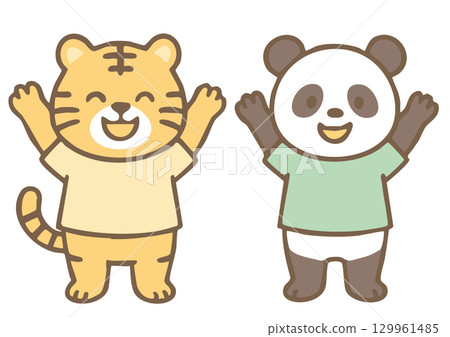老虎和熊貓角色舉起手 老虎和熊貓角色舉起手 129961485