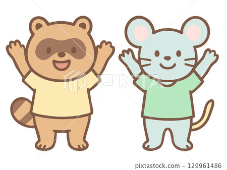 Tanuki and mouse characters are full of energy and raising their hands. 129961486