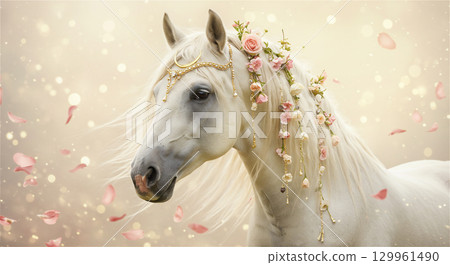 一匹裝飾著鮮花和裝飾的夢幻白馬 | 優雅而神秘的奇幻藝術 一匹裝飾著鮮花和裝飾的夢幻白馬 | 優雅而神秘的奇幻藝術 129961490