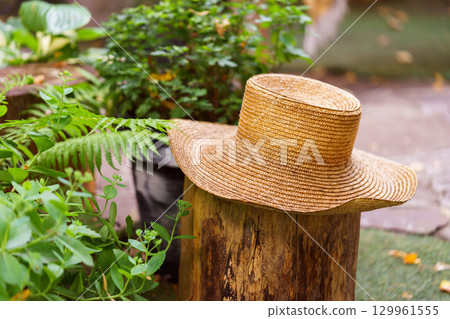 Straw garden hat on tree stump with blurred plants and cozy green garden in background in summer day 129961555