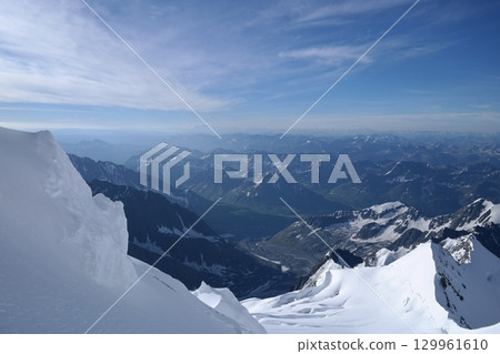 Tranquil Lake With Lush Green Forest, Snow-Capped Mountain, Blue Sky And White Clouds 129961610