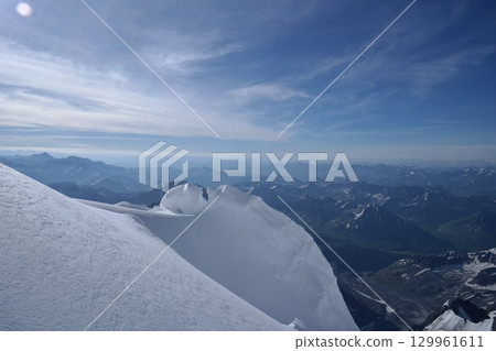 Tranquil Lake With Lush Green Forest, Snow-Capped Mountain, Blue Sky And White Clouds 129961611