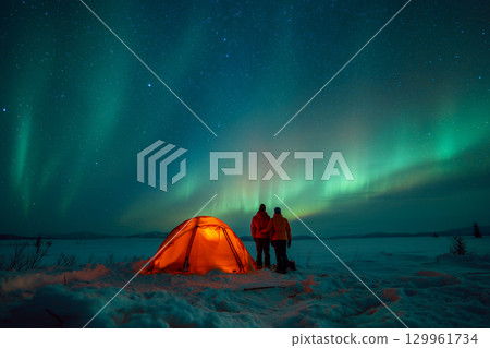 A couple standing outside of a tent in the snow A couple standing outside of a tent in the snow 129961734