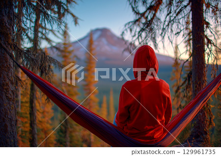 A person is sitting on a hammock in a forest 129961735