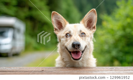 Happy Dog Looking Over Wooden Table Outdoors 129961952