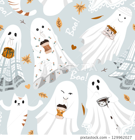 Funny cute sheet ghost holding hot drinks mugs seamless party. Halloween background vector illustration. Fall season aesthetic design. 129962027