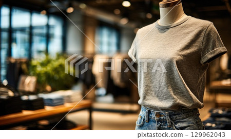 Grey T-Shirt Display on Mannequin in Store 129962043