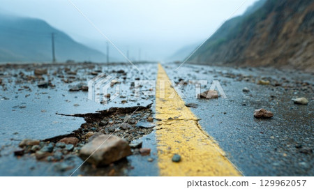 Wet road with rocks and cracks after rain Wet road with rocks and cracks after rain 129962057