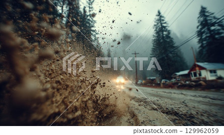 Mud splash on rainy forest road Mud splash on rainy forest road 129962059