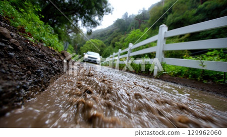 Flooded rural road with flowing muddy water Flooded rural road with flowing muddy water 129962060