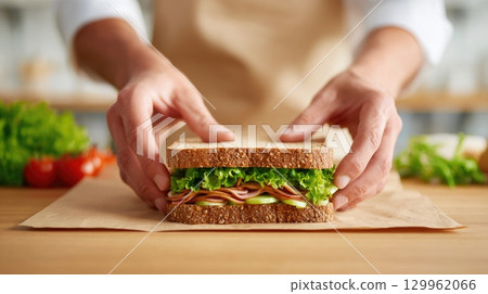 Fresh homemade sandwich with lettuce and ham Fresh homemade sandwich with lettuce and ham 129962066