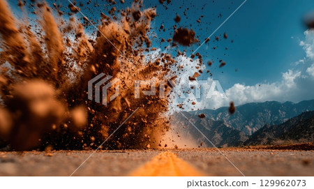 Explosion of dirt on mountain road 129962073