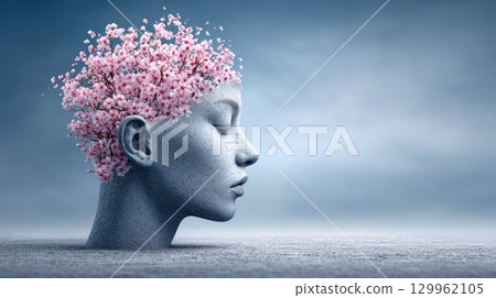 Surreal Stone Head with Blossoming Flowers Surreal Stone Head with Blossoming Flowers 129962105