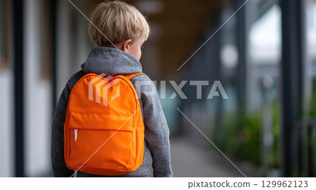 School child with bright orange backpack 129962123