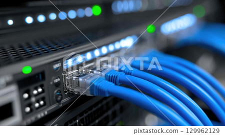 Network server with blue Ethernet cables 129962129