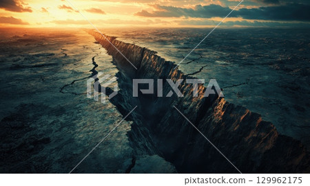 Massive ground fissure stretching across barren land at golden hour 129962175
