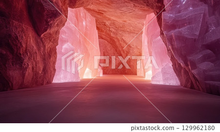 Illuminated crystal cave interior with colorful glowing rock formations Illuminated crystal cave interior with colorful glowing rock formations 129962180