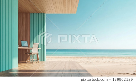 Modern coastal terrace with pastel design overlooking blue sea Modern coastal terrace with pastel design overlooking blue sea 129962189