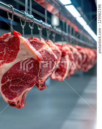 Fresh raw beef steaks hanging on metal hooks in cold storage room 129962196