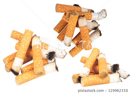 Pile of Cigarette Butts on White Background 129962358