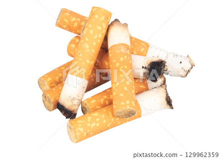 Pile of Cigarette Butts on White Background 129962359