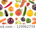 Seamless pattern of bright tasty ripe vegetables, fruits and berries isolated on white 129962739