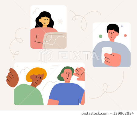 Flat design cartoon illustration of a business team in an online video conference meeting. Online business meeting concept. Vector flat cartoon style. 129962854