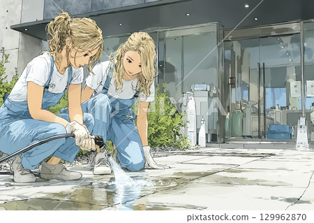 A scene of a hair salon staff washing the sidewalk with a hose 129962870