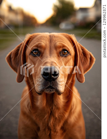 A beautiful close-up portrait of a handsome brown Labrador Retriever dog with soulful eyes, looking directly at the camera during a warm golden hour sunset 129962871