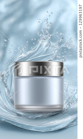 Luxury skincare jar surrounded by soft waves of water for elegant presentation 129963197