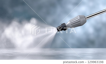 High-pressure cleaning device spraying water in a misty environment 129963198