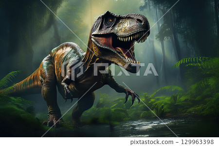 Generative AI T-Rex with its mouth open 129963398