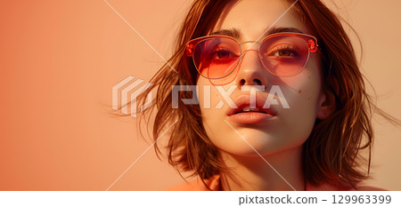 a close up of a woman wearing sunglasses on a pink background a close up of a woman wearing sunglasses on a pink background 129963399