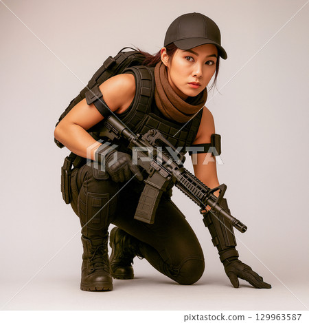 Portrait photography of a female airsoft player 129963587