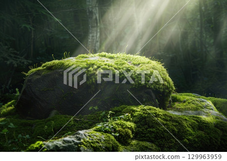 Sunlight shines through forest canopy onto moss-covered rock, creating a magical woodland scene. Sunlight shines through forest canopy onto moss-covered rock, creating a magical woodland scene. 129963959