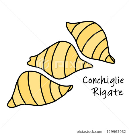 Striped Shells doodle illustration of Italian pasta Conchiglie Rigate in doodle style 129963982