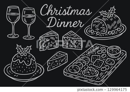 Christmas dinner table icons, including delicate wine glasses, cheese wedges, and charcuterie boards in simple minimalistic ink doodle monochrome black and white style 129964175